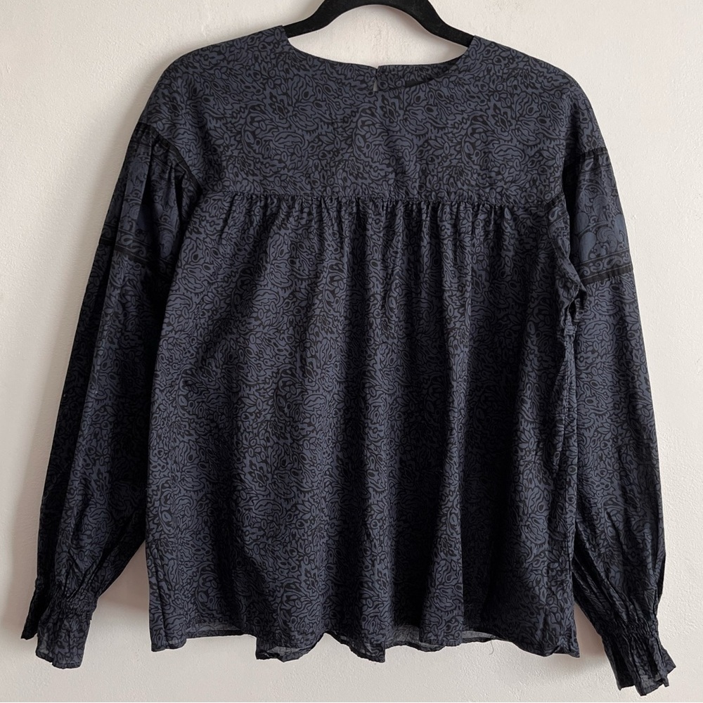 Anna Sui x Uniqlo Indigo Classic Print Long Sleeve Ruffle Peasant Blouse